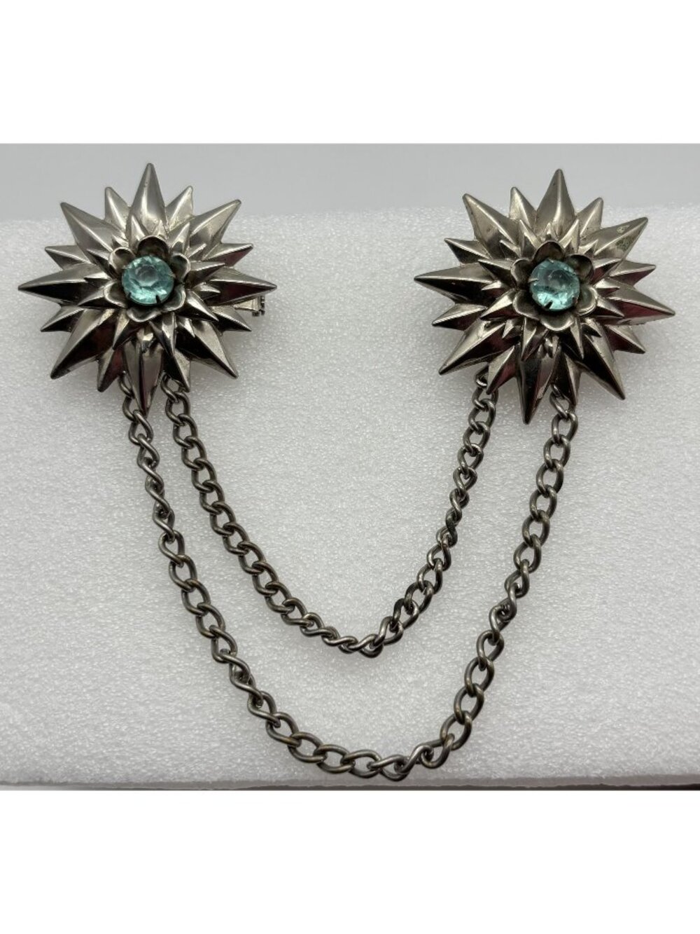 Vintage Early 1950s Atomic Starburst Sweater Guard Silver Tone Blue Rhinestones